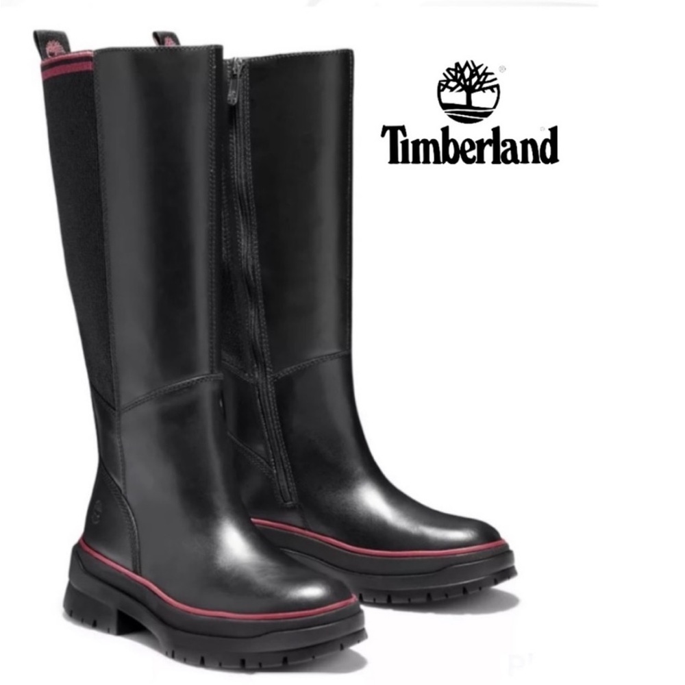 Timberland Black Leather Knee-High Boots with red/pink Accent